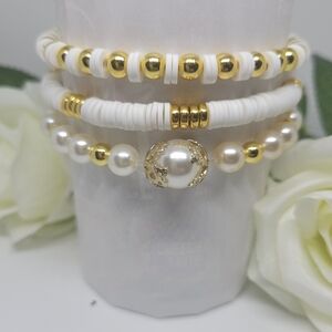 Elegant Gold and White Beaded Bracelet Set